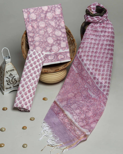 Elegant Hand Block Print Cotton Suit Set with Kota Doria Dupatta (3CKD19)