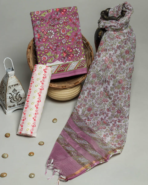 Designer Hand Block Print Cotton Suit Set with Kota Doria Dupatta (3CKD20)