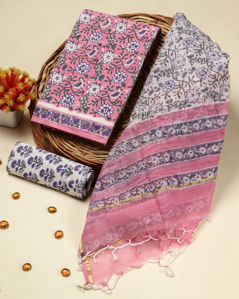 Floral Jaal Hand Block Print Cotton Suit Set with Kota Doria Dupatta (3CKD32)