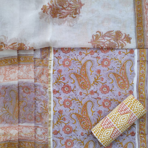 Paisley Print Cotton Suit Set with Kota Doria Dupatta (3CKD44)