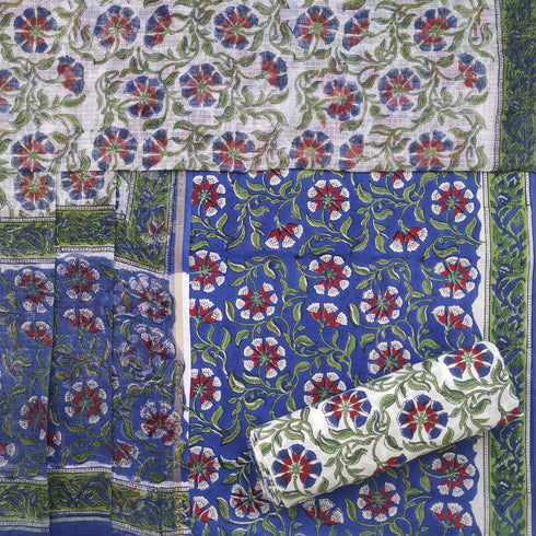 Floral Jaal Hand Block Print Cotton Suit Set with Kota Doria Dupatta (3CKD51)