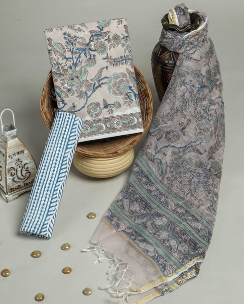 Elegant Hand Block Print Cotton Suit Set with Kota Doria Dupatta (3CKD64)