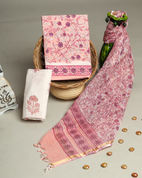 Floral Jaal Print Cotton Suit Set with Kota Doria Dupatta (3CKD66)