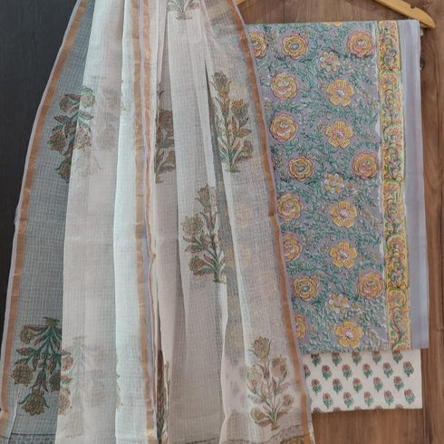 Elegant Hand Block Print Cotton Suit Set with Kota Doria dupatta (3CKD72)