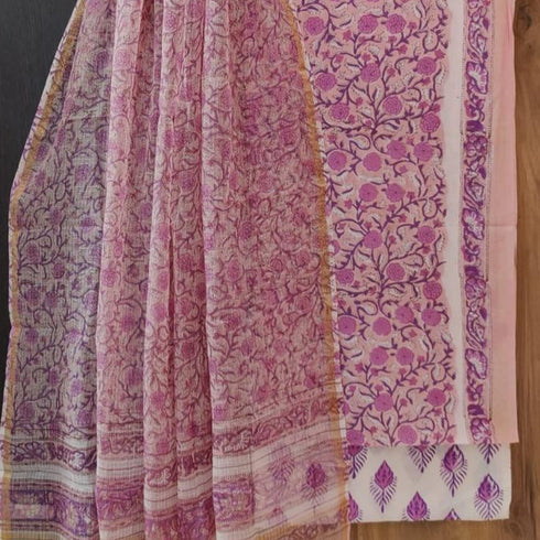 Pink Jaal Block Print Cotton Suit Set with kota Doria Dupatta (3CKD74)