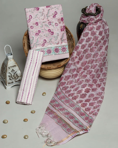 Elegant Hand Block Print Cotton Suit Set with Kota Doria Dupatta (3CKD75)