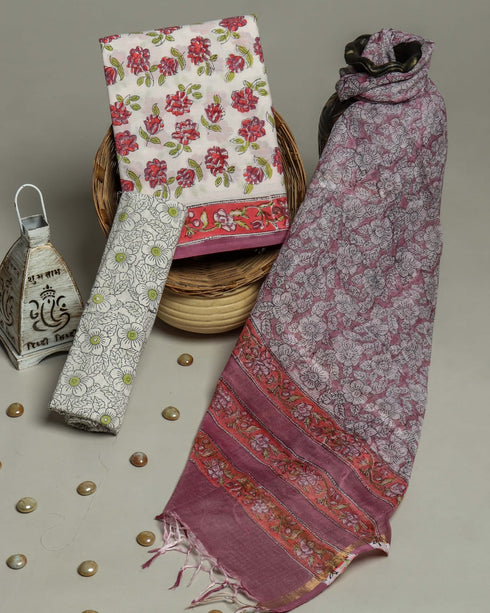 Elegant Hand Block Print Cotton Suit Set with Kota Doria Dupatta (3CKD80)