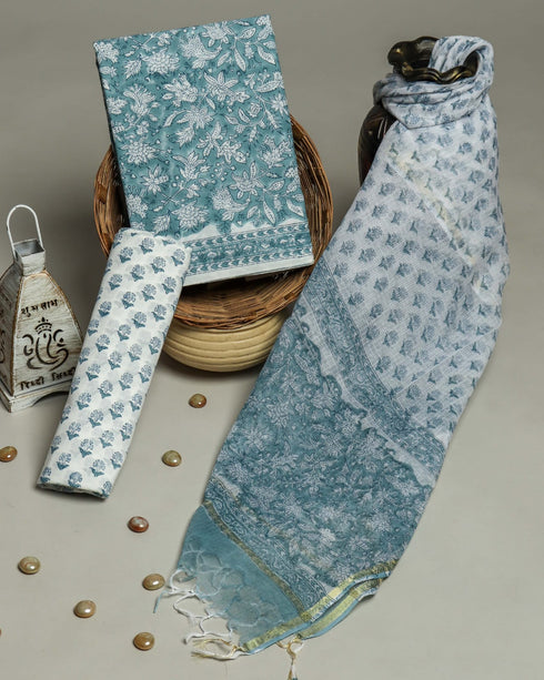 Blue Jaal Print Cotton Suit Set with Kota Doria Dupatta (3CKD81)
