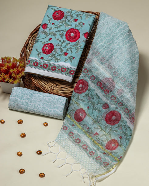 Designer Hand Block Print Cotton Suit Set with Kota Doria Dupatta (3CKD84)
