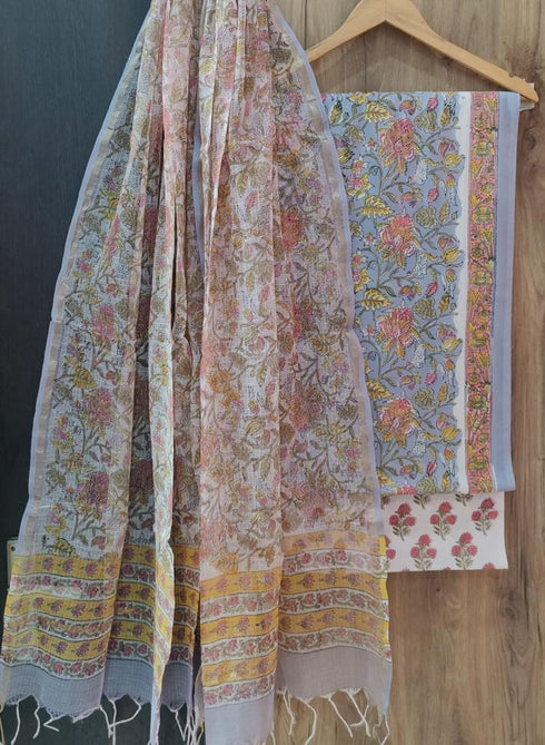 Elegant Hand Block Print Cotton Suit Set with Kota Doria Dupatta (3CKD69)