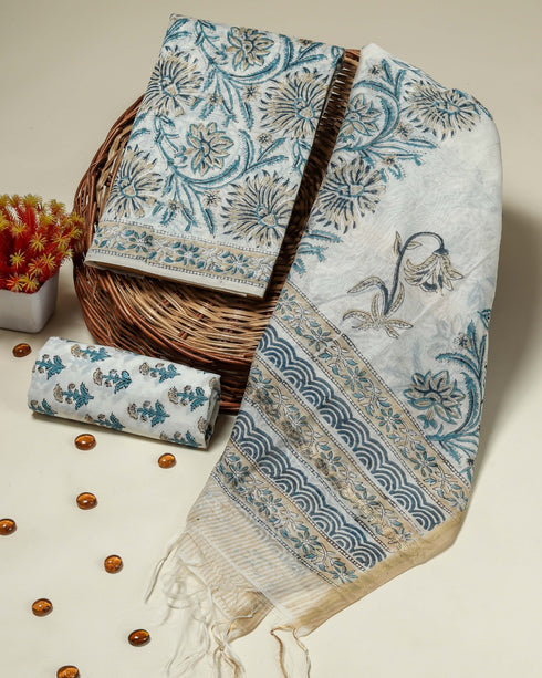 Blue Floral Jaal Print Chanderi Silk Suit Set (CHA09)