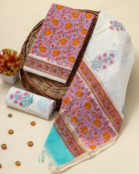Pink Lotus Print Chanderi Silk Suit Set (CHA11)
