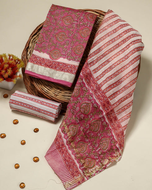 Designer Hand Block Print Maheshwari Silk Suit Set (MSL12)