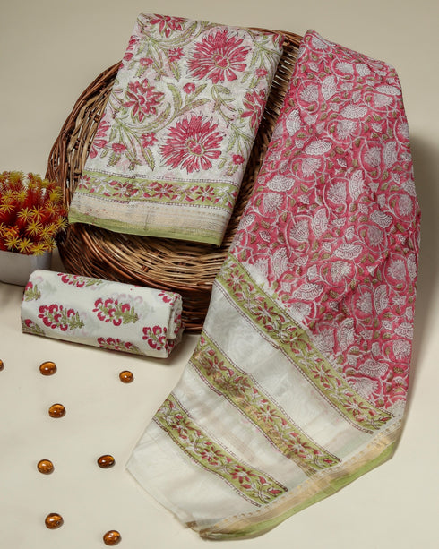 Pink Floral Jaal Print Maheshwari Silk Suit Set (MSL13)
