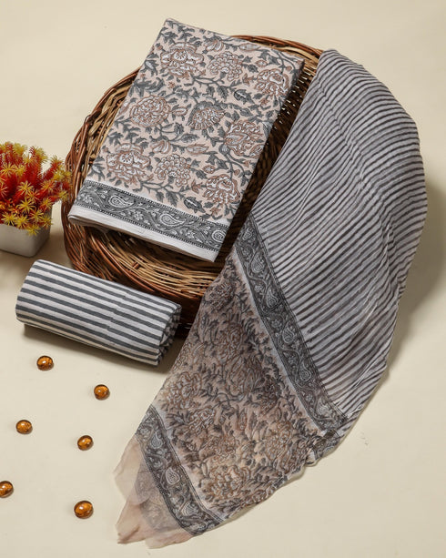 Elegant Hand Block Print Cotton Suit Set with Chiffon Dupatta (PCHF01)