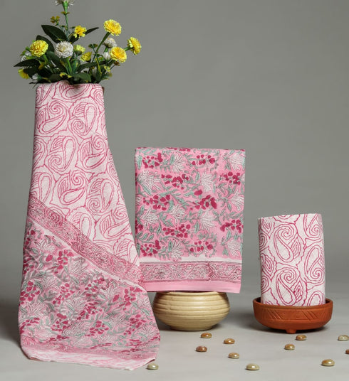Pink Jaal Hand Block Print Cotton Suit Set with Mulmul Dupatta (PRMUL104)