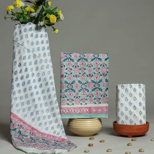 Traditional Hand Block Print Cotton Suit Set with Mulmul Dupatta (PRMUL105)