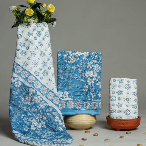 Designer Blue Jaal Print Cotton Suit Set with Mulmul Dupatta (PRMUL107)