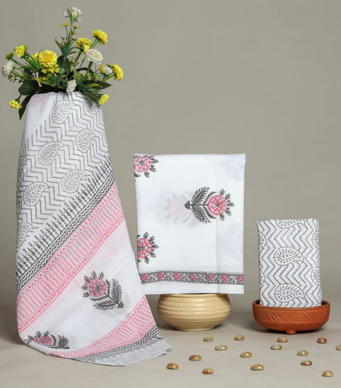 Buta Print Cotton Suit Set with Mulmul Dupatta (PRMUL115)