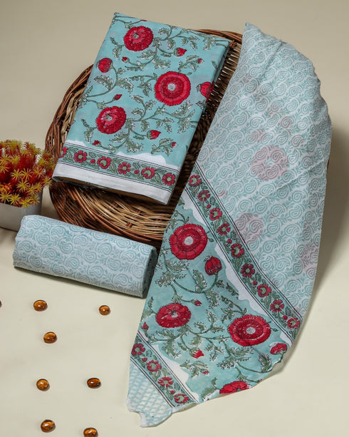 Elegant Hand Block Print Cotton Suit Set with Mulmul Dupatta(PRMUL117)