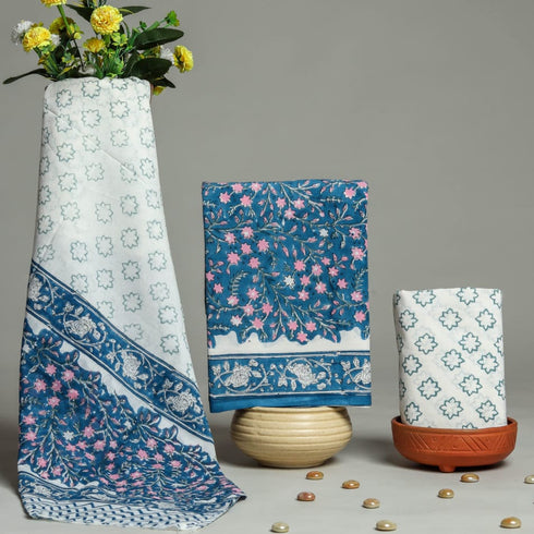 Blue Jaal Print Cotton Suit Set with Mulmul Dupatta (PRMUL106)