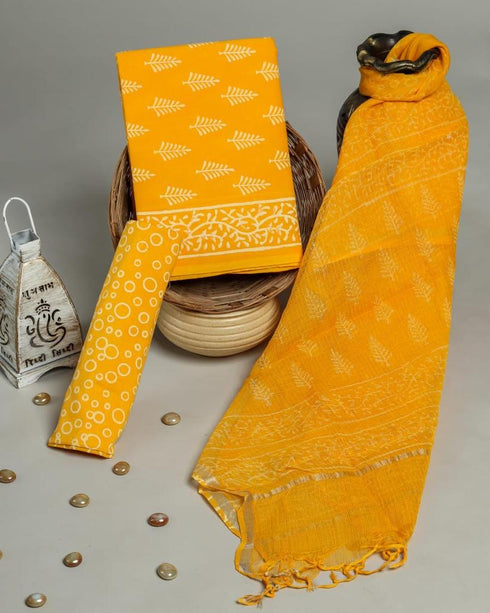 Designer Hand Block Print Cotton Suit Set with Kota Doria Dupatta (3CKD09)