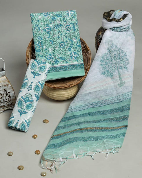 Summery Hand Block Print Cotton Suit Set with Kota Doria Dupatta (3CKD12)