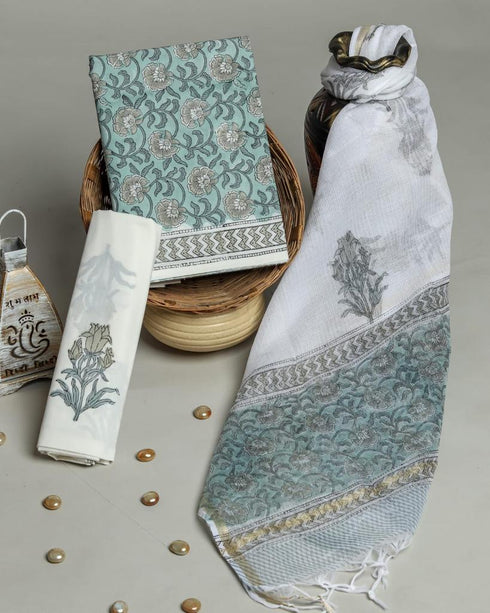 Elegant Hand Block Print Cotton Suit Set with Kota Doria Dupatta (3CKD15)