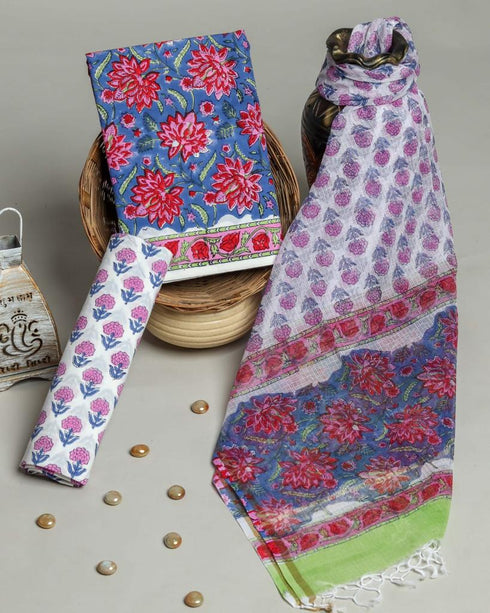 Traditional Hand Block Print Cotton Suit set with Kota Doria Dupatta (3CKD16)