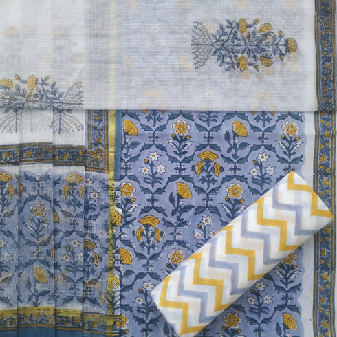 Traditional Hand Block Print Cotton Suit Set with Kota Doria Dupatta (3CKD24)