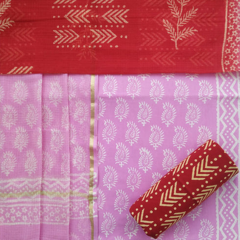 Designer Hand Block Print Cotton Suit Set with Kota Doria Dupatta (3CKD37)