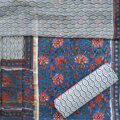 Elegant Hand Block Print Cotton Suit Set with Kota Doria Dupatta (3CKD38)