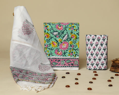 Designer Hand Block Print Cotton Suit Set with Kota Doria Dupatta (3CKD42)