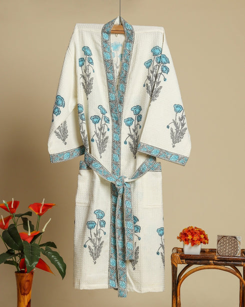 Blue Buta Hand Block Print Waffle Cotton Bathrobe (BROB13)