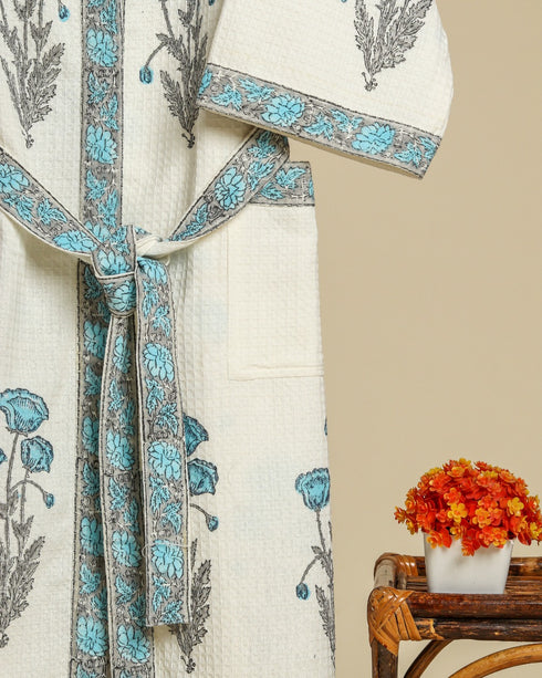 Blue Buta Hand Block Print Waffle Cotton Bathrobe (BROB13)