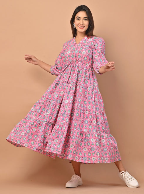 Pink Jaal Handblock Tier Dress (CRD01)