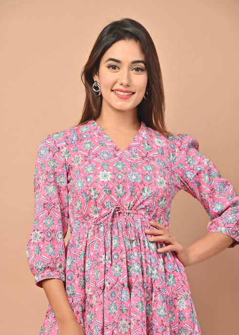 Pink Jaal Handblock Tier Dress (CRD01)