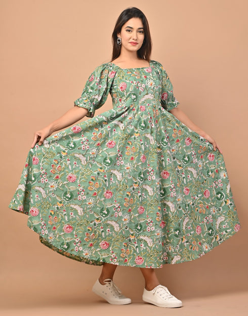 Green Jaal Handblock Print Cotton Dress (CRD03)