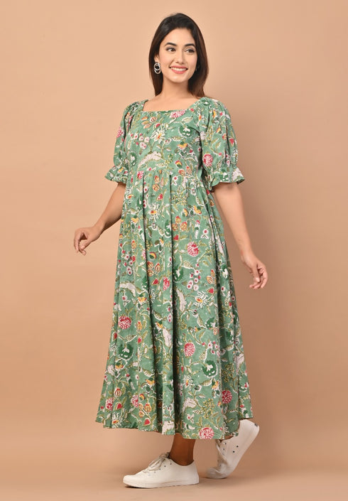 Green Jaal Handblock Print Cotton Dress (CRD03)