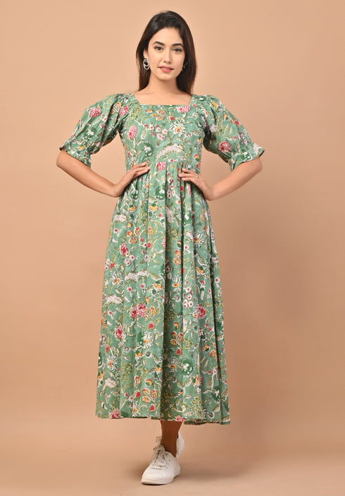 Green Jaal Handblock Print Cotton Dress (CRD03)