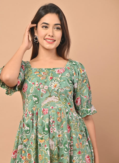 Green Jaal Handblock Print Cotton Dress (CRD03)