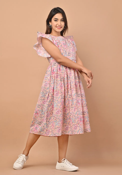 Pink Puffer Hand Block Print Cotton Dress (CRD06)