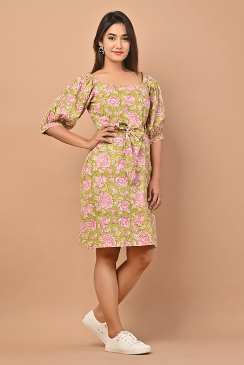 Pear Green Hand Block Print Cotton Dress (CRD07)