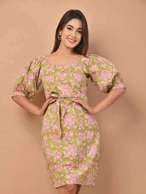 Pear Green Hand Block Print Cotton Dress (CRD07)