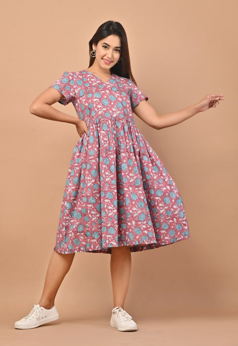 Floral Hand Block Print Midi Dress (CRD09)