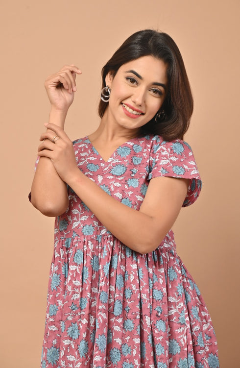 Floral Hand Block Print Midi Dress (CRD09)