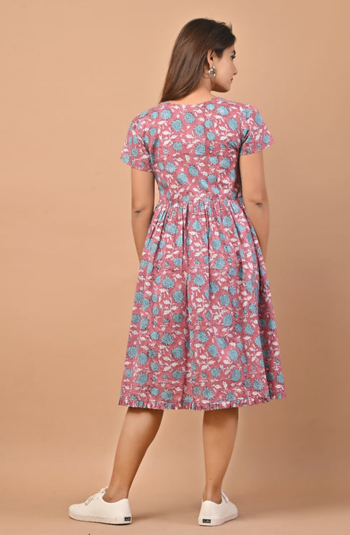 Floral Hand Block Print Midi Dress (CRD09)