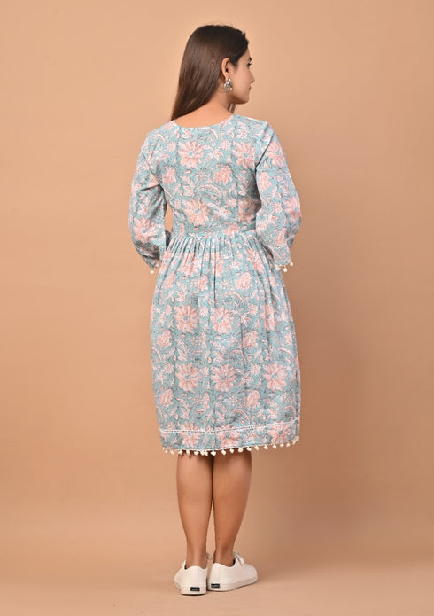 Starling Blue Hand Block Print Pure Cotton Dress (CRD10)