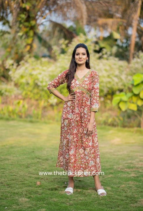 Maple Red Hand Block Print Cotton Dress (CRD17)