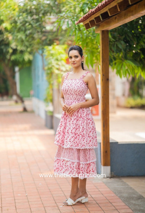 Roza Pink Tier Hand Block Print Cotton Dress (CRD21)